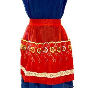 Vintage Floral Embroidered Red Sheer Apron